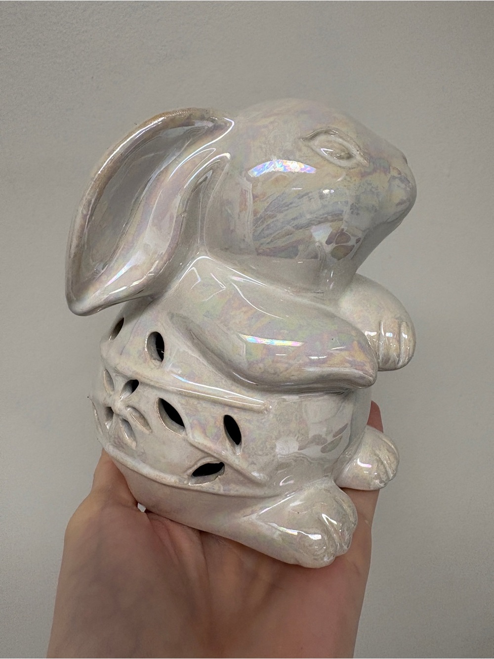 Iridescent Lusterware Ceramic Bunny Rabbit Figure with Cutouts - Picture 3 of 6
